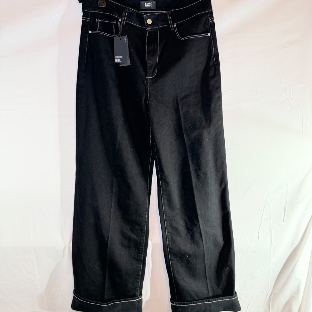 PAIGE Sasha High Rise‎ Wide Leg Jeans Twilight Black Contrast Stitch Size 33 NEW